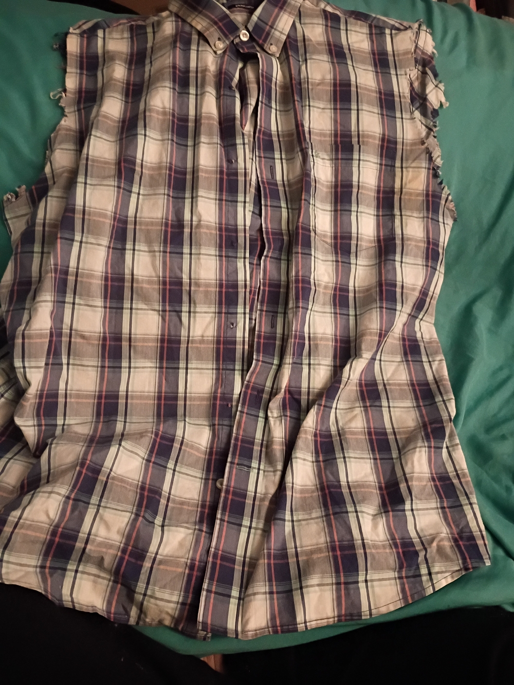 Sleeveless Plaid Button-Up Shirt in Blue and White Cut Off Sleeves